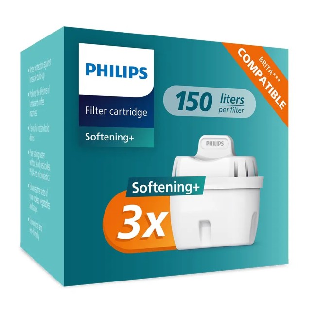 Philips Softening+ Waterfilter 3-pack (filtert PFAS) compatibel met BRITA Maxtra+ Philips Softening+ Waterfilter 3-pack (filtert PFAS) compatibel met BRITA Maxtra+