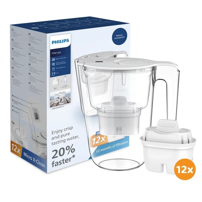 Philips Waterfilterkan 2.6L + 12 Micro X-Clean Waterfilter (filtert PFAS) AWP2933WHT12 Philips Waterfilterkan 2.6L + 12 Micro X-Clean Waterfilter (filtert PFAS) AWP2933WHT12
