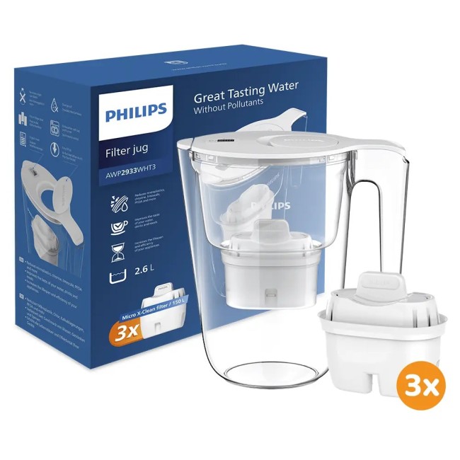 Philips Waterfilterkan 2.6L + 3 Micro X-Clean Waterfilter (filtert PFAS) AWP2933WHT3 Philips Waterfilterkan 2.6L + 3 Micro X-Clean Waterfilter (filtert PFAS) AWP2933WHT3