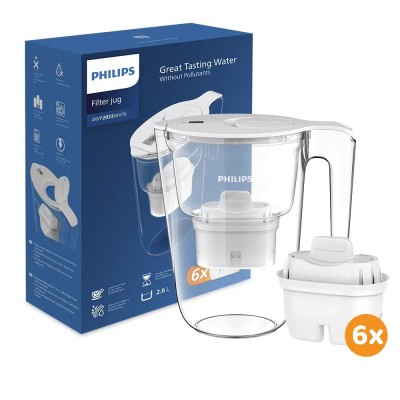 Philips Waterfilterkan 2.6L + 6 Micro X-Clean Waterfilter (filtert PFAS) AWP2933WHT6 Philips Waterfilterkan 2.6L + 6 Micro X-Clean Waterfilter (filtert PFAS) AWP2933WHT6