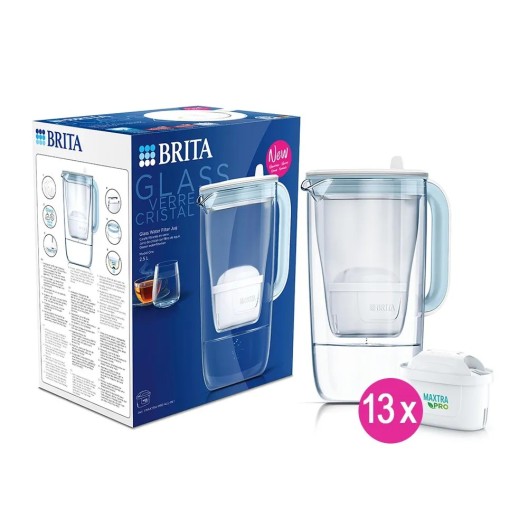 BRITA Glazen Waterfilterkan 2.5L + 13 MAXTRA PRO Waterfilters (filtert PFAS)